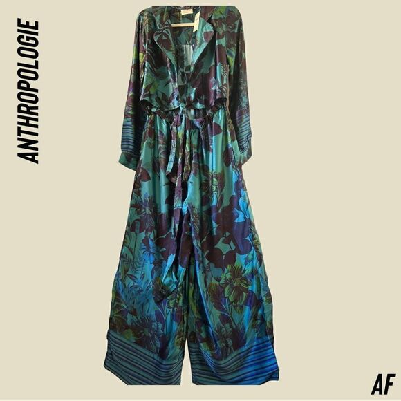 ANTHROPOLOGIE BY MARY O’MOLLY SILK JUMPSUIT IN BLUE GREEN FLORAL MEDIUM NWT - Picture 9 of 12
